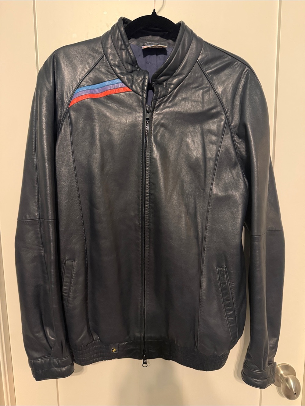 Men's Vintage Made for BMW Navy Leather Zip Jacket with Red & Blue Stripe size L